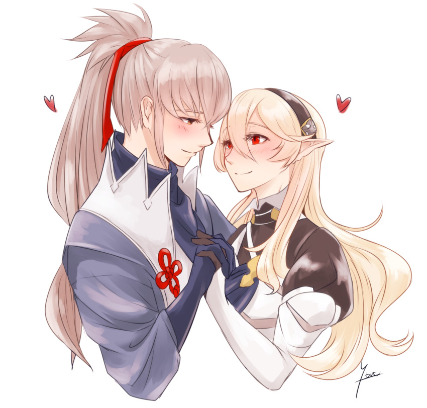 1boy 1girl black_gloves black_hairband blue_gloves brown_eyes closed_mouth corrin_(fire_emblem) corrin_(fire_emblem)_(female) couple cropped_torso eye_contact fire_emblem fire_emblem_fates gloves hair_ribbon hairband heart hetero high_ponytail highres holding_hands interlocked_fingers long_hair looking_at_another profile red_eyes red_ribbon ribbon signature silver_hair simple_background smile takumi_(fire_emblem) turtleneck upper_body very_long_hair white_background yori_(a_a_yori)