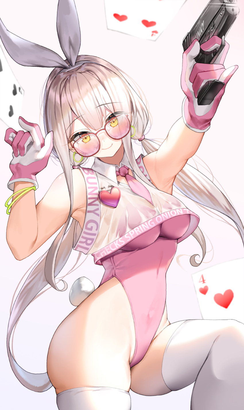 1girl animal_ears bare_shoulders blush bodysuit brown_background bunny_tail bunnysuit card covered_navel crop_top dduck_kong earrings english_text glasses gloves grey_hair gun heart highres holding holding_gun holding_weapon jewelry long_hair looking_at_viewer original pink_bodysuit pink_gloves playing_card rabbit_ears ring simple_background smile solo tagme tail very_long_hair weapon yellow_eyes