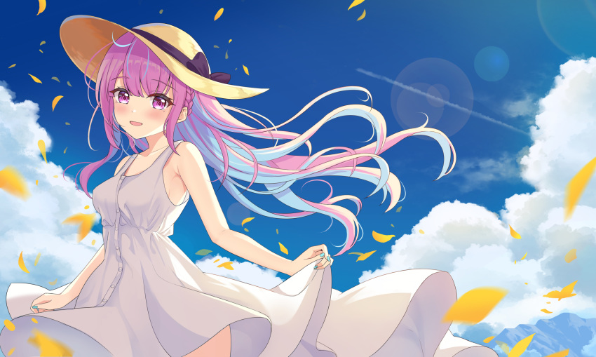 1girl :d ahoge bare_arms bare_shoulders black_bow blue_hair blue_nails blue_sky blush bow braid breasts clouds collarbone commentary_request condensation_trail day dress floating_hair hat hat_bow hat_ornament highres hololive icwine lens_flare long_hair looking_at_viewer minato_aqua multicolored_hair nail_polish open_mouth outdoors petals purple_hair skirt_hold sky sleeveless sleeveless_dress small_breasts smile solo sun_hat sundress two-tone_hair very_long_hair violet_eyes virtual_youtuber white_dress wind