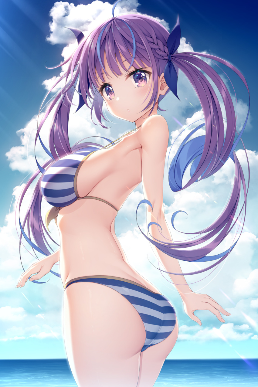 1girl ass bangs bare_arms bare_shoulders bikini blue_hair blue_ribbon blue_sky blush braid breasts closed_mouth clouds cloudy_sky commentary_request day eyebrows_visible_through_hair hair_ribbon highres hololive horizon large_breasts long_hair looking_at_viewer looking_to_the_side mac-kine minato_aqua multicolored_hair ocean outdoors purple_hair ribbon sidelocks sky solo striped striped_bikini swimsuit twintails two-tone_hair very_long_hair violet_eyes virtual_youtuber water