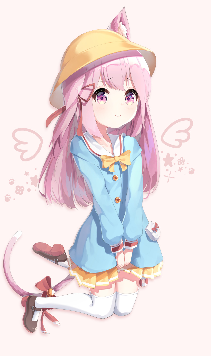 1girl absurdres animal_ear_fluff animal_ears azur_lane bell black_footwear blue_shirt cat_ears cat_tail full_body hat highres jingle_bell kindergarten_uniform kisaragi_(azur_lane) legs_up long_hair mary_janes pink_eyes pink_hair ribbon school_hat shirt shoes side_ponytail skirt skirt_tug smile solo tail tail_ornament tail_ribbon thigh-highs white_legwear yellow_headwear yellow_skirt