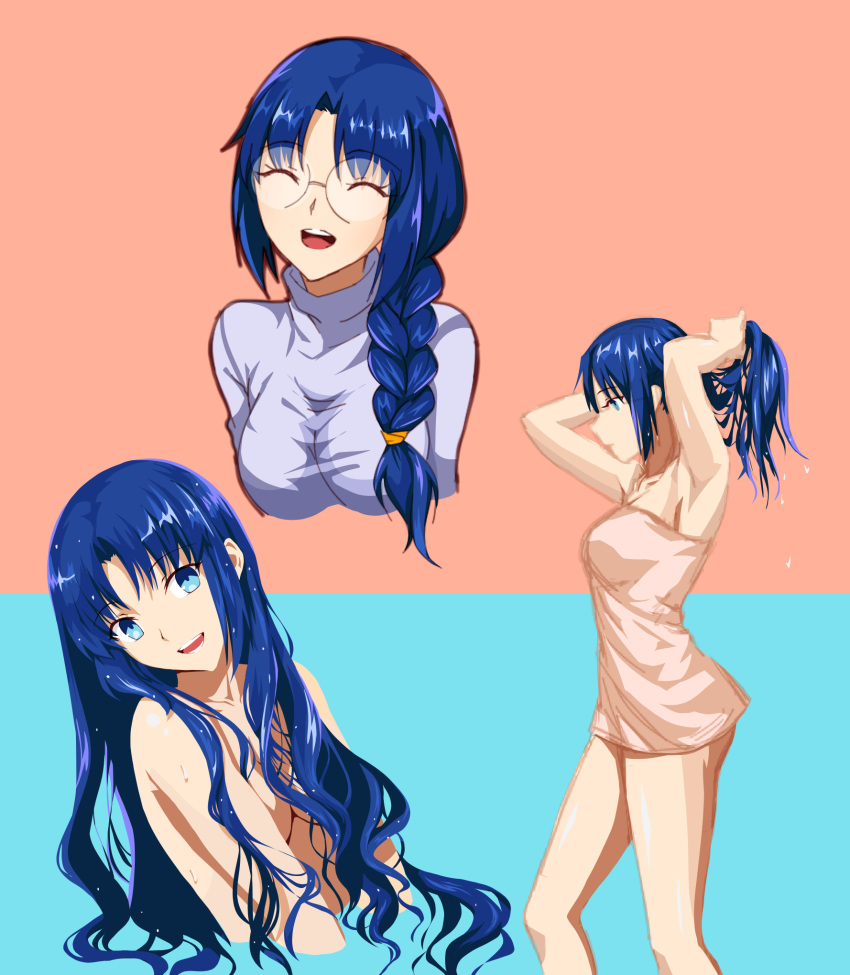 1girl :d alternate_hair_length alternate_hairstyle armpits axia-chan blue_background blue_eyes blue_hair braid braided_ponytail breasts ciel closed_eyes collarbone cropped_torso facing_viewer glasses hair_over_breasts hair_over_shoulder head_tilt highres long_hair looking_at_viewer medium_breasts naked_towel nude open_mouth pink_background ponytail profile rimless_eyewear round_eyewear shiny shiny_hair sketch smile sweater towel tsukihime turtleneck turtleneck_sweater two-tone_background tying_hair very_long_hair wet wet_hair white_sweater white_towel