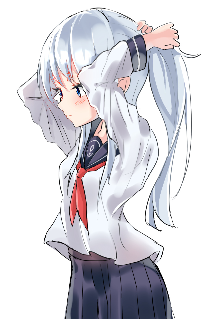 1girl absurdres alternate_hairstyle anchor_print arms_up bangs blue_eyes blue_sailor_collar blue_skirt blush closed_mouth collared_shirt eyebrows_visible_through_hair hair_between_eyes hibiki_(kantai_collection) highres kantai_collection long_hair long_sleeves neckerchief pleated_skirt ponytail red_neckwear sailor_collar sailor_shirt school_uniform serafuku shiny shiny_hair shirt silver_hair simple_background sketch skirt solo standing tachibana_(x_quick) tying_hair very_long_hair white_background white_shirt