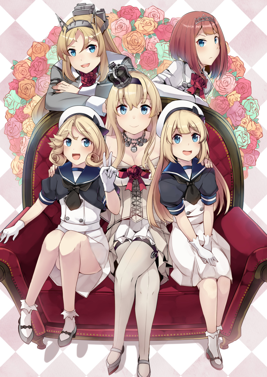 5girls ark_royal_(kantai_collection) bangs blonde_hair blue_eyes blue_sailor_collar blunt_bangs bob_cut braid breasts corset crown dress fingerless_gloves flower french_braid garter_straps gloves hairband hat headgear high_heels highres ido_(teketeke) jacket janus_(kantai_collection) jervis_(kantai_collection) kantai_collection large_breasts long_hair long_sleeves mary_janes military military_uniform mini_crown multiple_girls nelson_(kantai_collection) off-shoulder_dress off_shoulder parted_bangs red_flower red_neckwear red_ribbon red_rose redhead ribbon rose sailor_collar sailor_dress sailor_hat shoes short_hair thigh-highs tiara tsurime uniform warspite_(kantai_collection) white_dress white_gloves white_headwear white_legwear