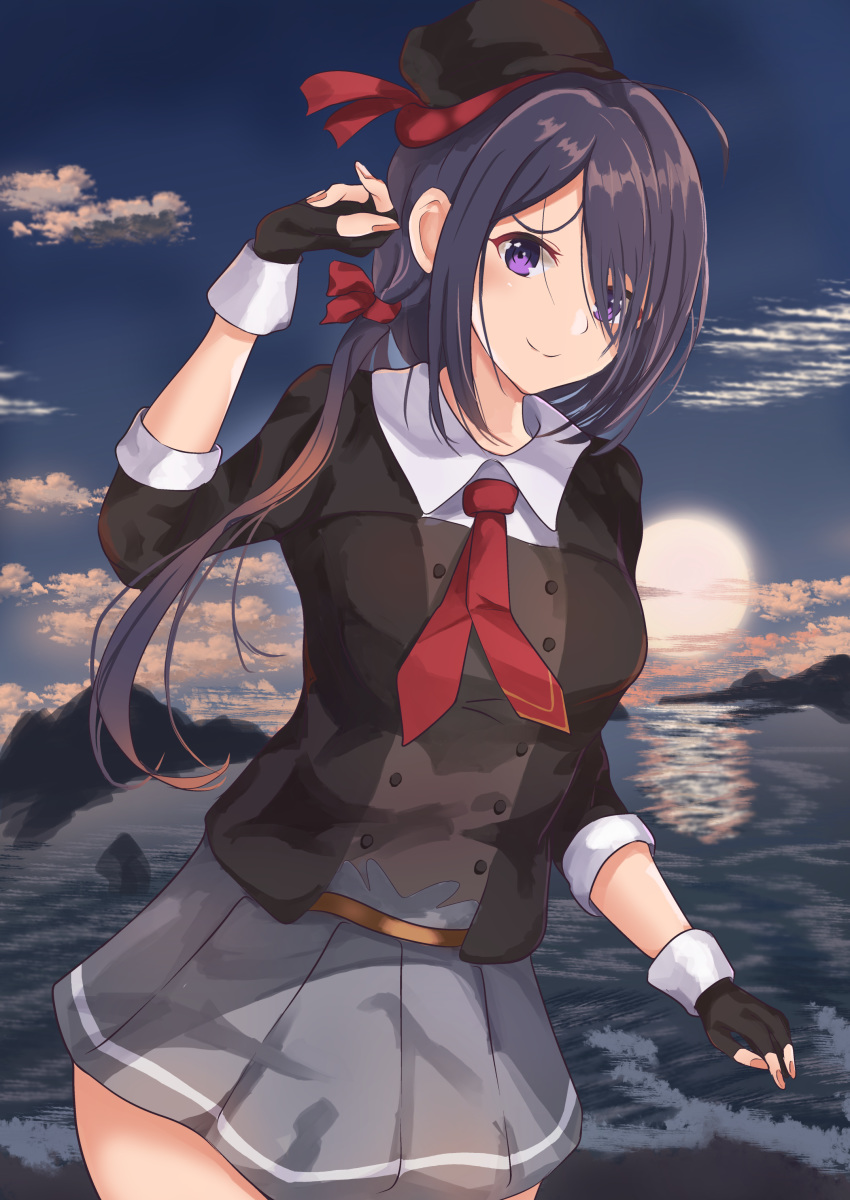 1girl absurdres ariake_(kantai_collection) beret black_gloves black_hair black_headwear black_jacket clouds collared_shirt commentary_request cowboy_shot fingerless_gloves gloves gradient_sky grey_skirt hair_over_one_eye hat highres jacket kantai_collection long_hair long_sleeves looking_at_viewer mountain necktie ocean outdoors pleated_skirt red_neckwear sg_tacchi shirt skirt sky solo sunrise violet_eyes