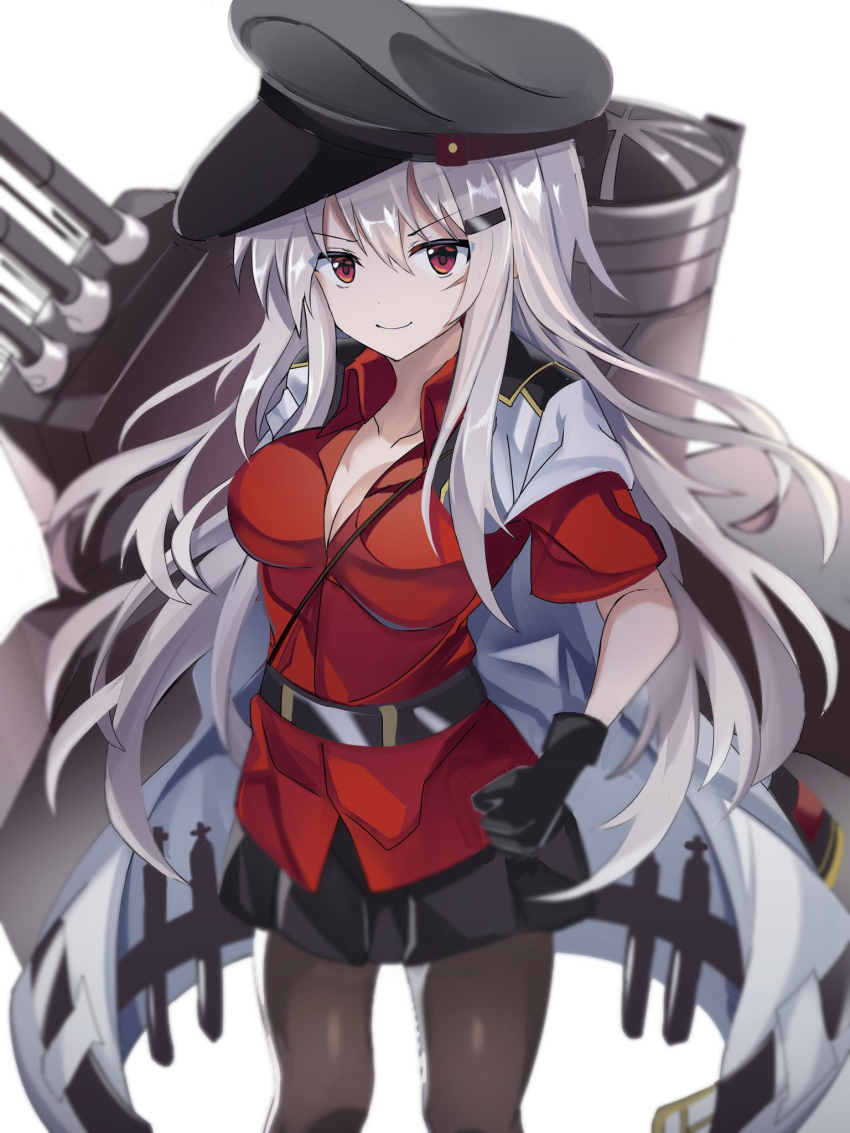 1girl belt black_gloves black_headwear black_legwear black_skirt cowboy_shot dress_shirt facial_scar fathom gangut_(kantai_collection) gloves grey_hair hat highres jacket jacket_on_shoulders kantai_collection long_hair looking_at_viewer machinery pantyhose peaked_cap red_eyes red_shirt scar scar_on_cheek shirt short_sleeves simple_background skirt solo white_background white_jacket