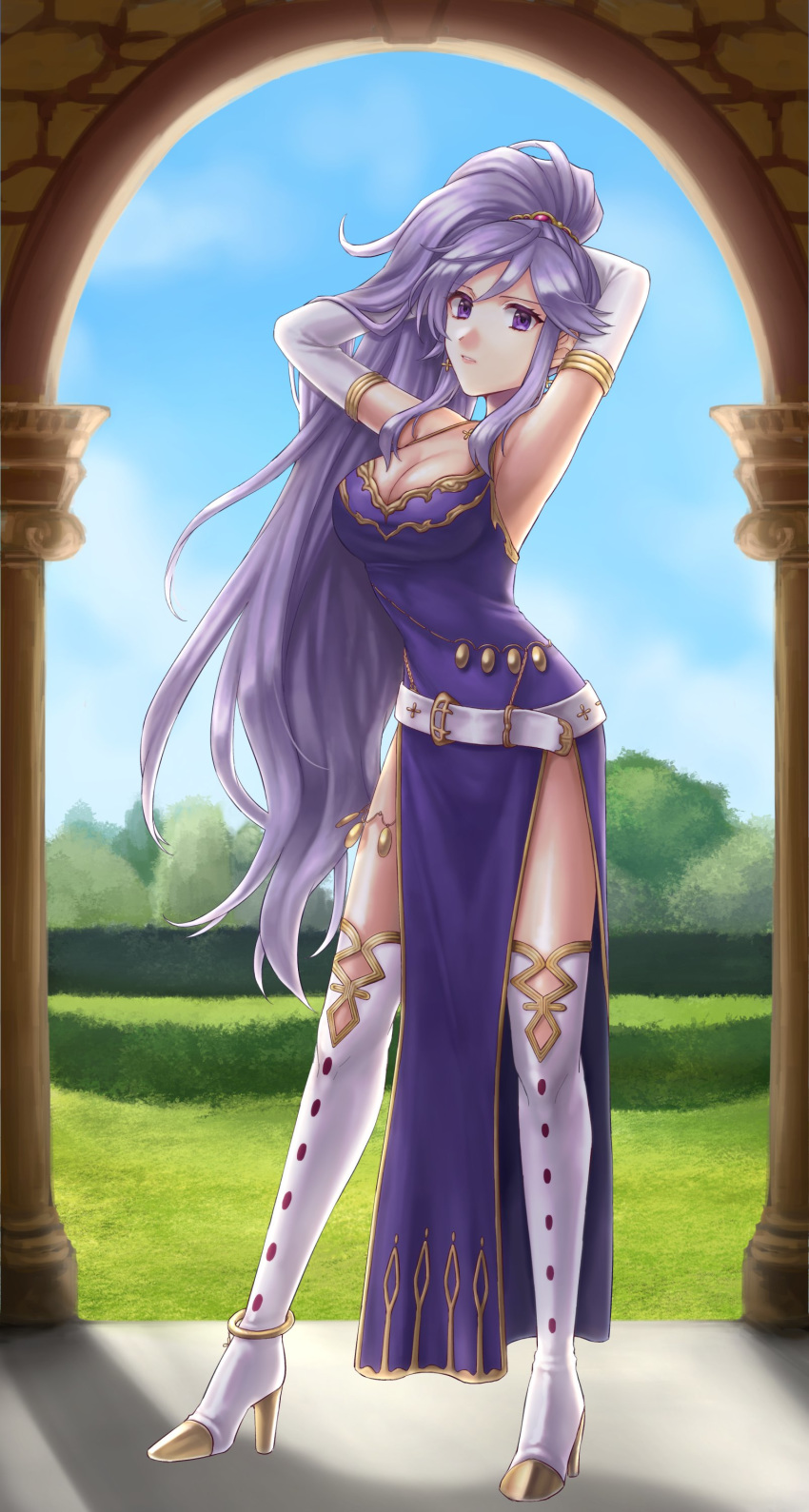 1girl absurdres arms_behind_head boots fire_emblem fire_emblem:_genealogy_of_the_holy_war fire_emblem_heroes gloves hazuki_(nyorosuke) highres ishtar_(fire_emblem) jewelry long_hair looking_at_viewer purple_hair solo violet_eyes