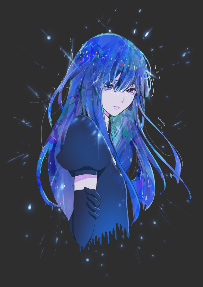 1other absurdres bangs black_background black_gloves closed_mouth elbow_gloves gem_uniform_(houseki_no_kuni) gloves hair_between_eyes highres houseki_no_kuni lapis_lazuli_(houseki_no_kuni) long_hair looking_at_viewer minorun_(kurome) phosphophyllite simple_background smile solo upper_body very_long_hair