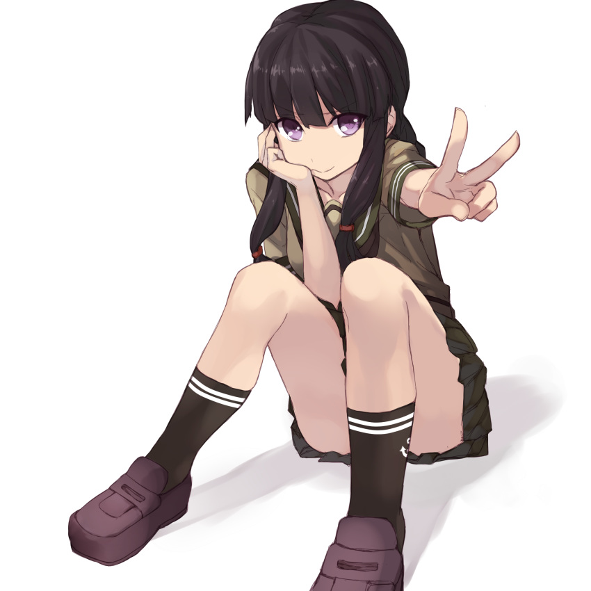 1girl anchor_print apo_(apos2721) bangs black_hair black_legwear blunt_bangs brown_footwear brown_shirt eyebrows_visible_through_hair feet_out_of_frame green_sailor_collar green_skirt hair_ornament head_rest highres kantai_collection kitakami_(kantai_collection) long_hair looking_at_viewer miniskirt pleated_skirt print_legwear sailor_collar sailor_shirt shiny shiny_hair shirt short_sleeves simple_background sitting skirt socks solo v violet_eyes white_background