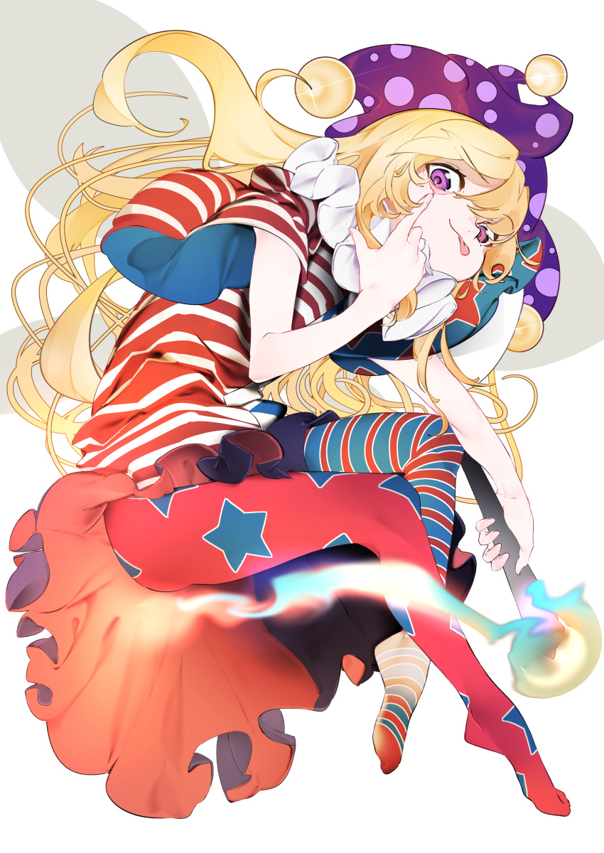 1girl absurdres american_flag_dress blonde_hair clownpiece dress fairy_wings fire full_body hat highres holding jester_cap long_hair looking_at_viewer maimuro neck_ruff pantyhose polka_dot purple_headwear red_legwear short_dress short_sleeves simple_background solo star_(symbol) striped striped_legwear tongue tongue_out torch touhou violet_eyes white_background wings