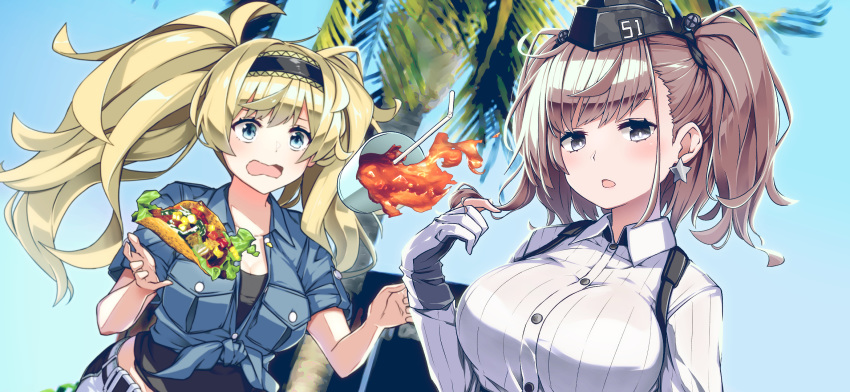 2girls atlanta_(kantai_collection) black_headwear blonde_hair blue_eyes blue_shirt blush breast_pocket breasts brown_hair buttons day drink drinking_straw earrings food gambier_bay_(kantai_collection) garrison_cap gloves grey_eyes hat highres jewelry kantai_collection large_breasts long_hair long_sleeves multicolored multicolored_clothes multicolored_gloves multiple_girls open_mouth palm_tree partly_fingerless_gloves pocket shirt short_sleeves star_(symbol) star_earrings taco tree tsurukawasha twintails two_side_up white_shirt