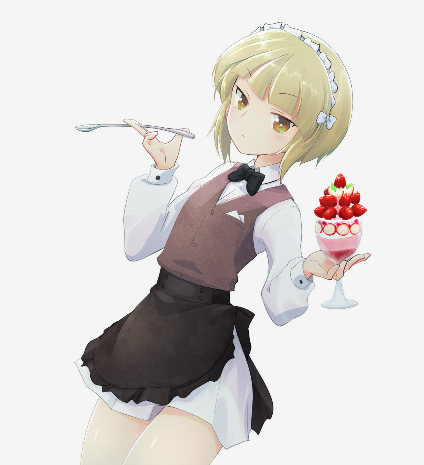 1girl apron bangs bartender black_apron black_neckwear blonde_hair blunt_bangs bob_cut bow bowtie brown_vest closed_mouth commentary cowboy_shot cup cutlass_(girls_und_panzer) dress_shirt dutch_angle eyebrows_visible_through_hair food frilled_apron frills fruit girls_und_panzer grey_background handkerchief highres holding holding_cup holding_spoon light_frown long_sleeves looking_at_viewer maid_headdress miniskirt moro_(like_the_gale!) parfait pleated_skirt school_uniform shirt short_hair simple_background skirt solo spoon standing strawberry vest waist_apron white_shirt white_skirt wing_collar yellow_eyes