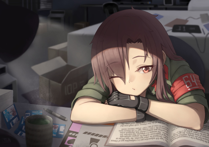 1girl anidante armband black_gloves book box brown_eyes brown_hair cardboard_box clothes_writing commentary crossed_arms cup desk_lamp eyebrows_visible_through_hair fingerless_gloves floppy_disk girls_frontline gloves green_tea indoors lamp long_hair one_eye_closed pen reading solo tea type_64_(girls_frontline) yunomi