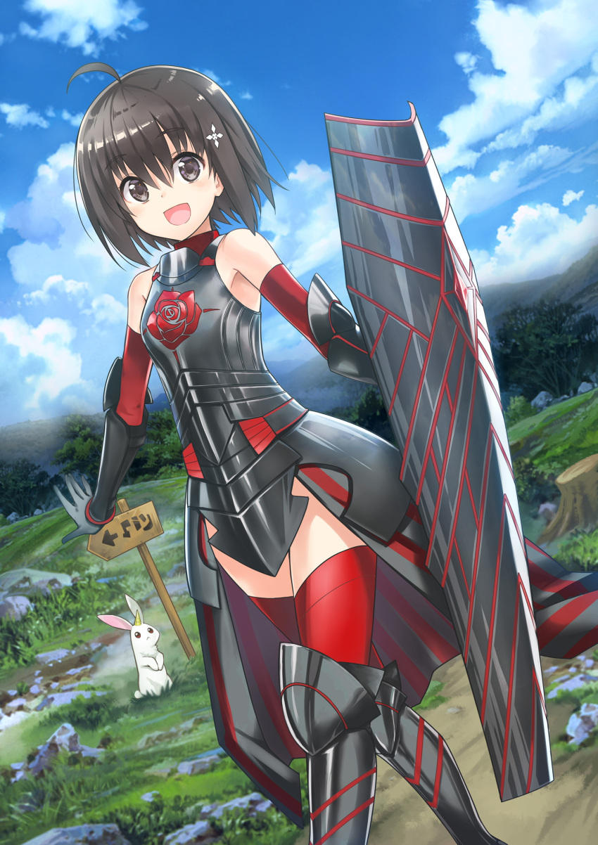 1girl :d ahoge animal armor armored_boots bare_shoulders black_armor black_eyes black_footwear black_hair blue_sky blush bob_cut boots bracer cover_image day detached_sleeves dutch_angle eyebrows_visible_through_hair faulds feet_out_of_frame grass hair_between_eyes hair_ornament hair_strand highres holding holding_shield itai_no_wa_iya_nano_de_bougyoryoku_ni_kyokufuri_shitai_to_omoimasu koin_(foxmark) looking_at_viewer maple_(bofuri) mountain mountainous_horizon nature novel_illustration official_art open_mouth outdoors outstretched_arm rabbit red_legwear red_sleeves reflection rock shield shiny shiny_hair short_hair showgirl_skirt sky smile textless thigh-highs thigh_boots thighhighs_under_boots tree_stump turtleneck