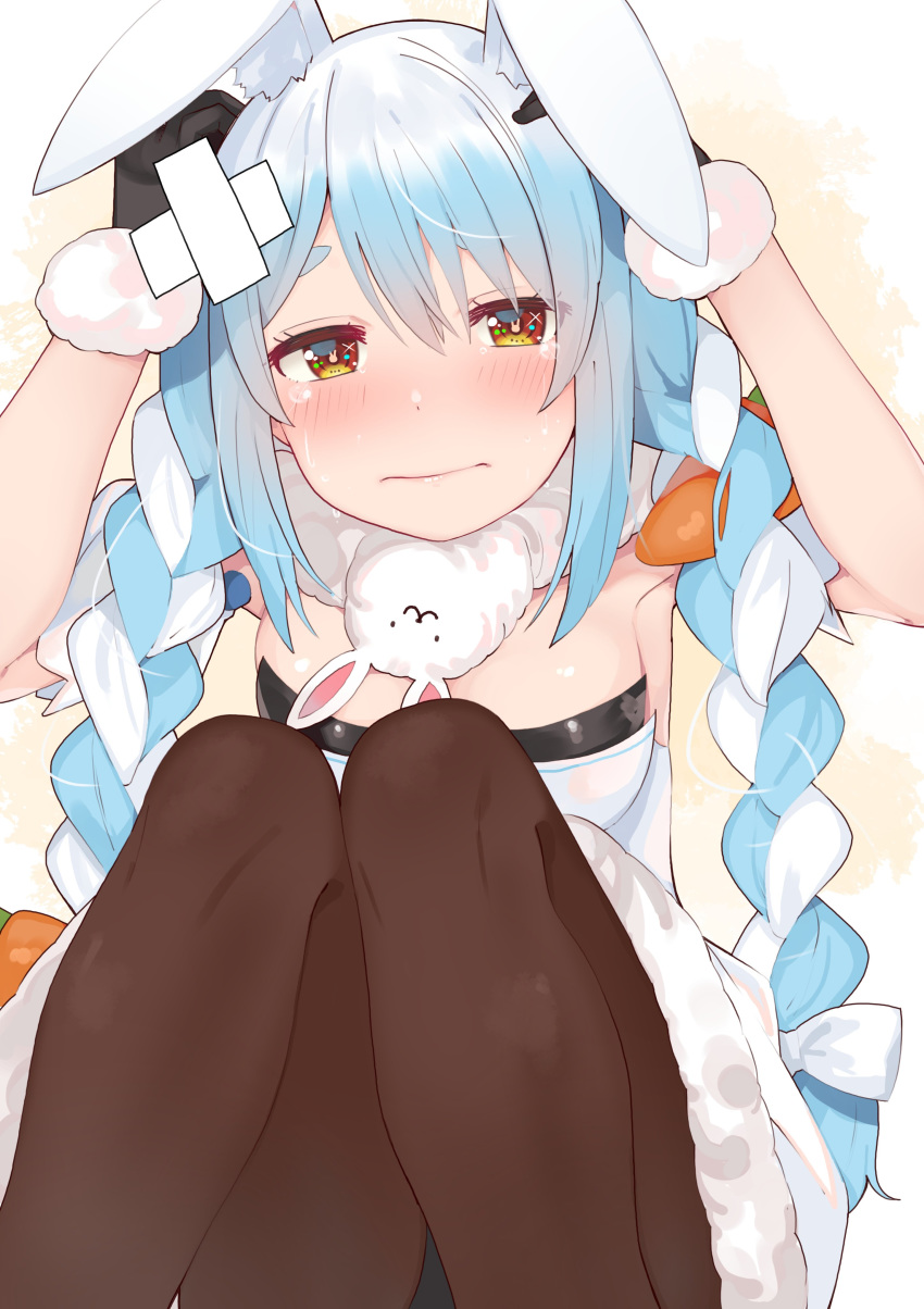 1girl absurdres animal_ear_fluff animal_ears arm_cuffs bandaged_head bandages black_gloves black_legwear black_leotard blush braid breasts bunnysuit carrot_hair_ornament closed_mouth commentary don-chan_(hololive) dress food_themed_hair_ornament fur-trimmed_dress fur-trimmed_gloves fur_scarf fur_trim gloves hair_ornament hands_on_own_head highres hololive leotard light_blue_hair long_hair looking_at_viewer medium_breasts off-shoulder_dress off_shoulder orange_eyes pantyhose rabbit_ears simple_background sitting solo symbol-shaped_pupils symbol_in_eye thick_eyebrows tonari_no_kai_keruberosu twin_braids twintails usada_pekora virtual_youtuber white_background white_dress white_hair yellow_background