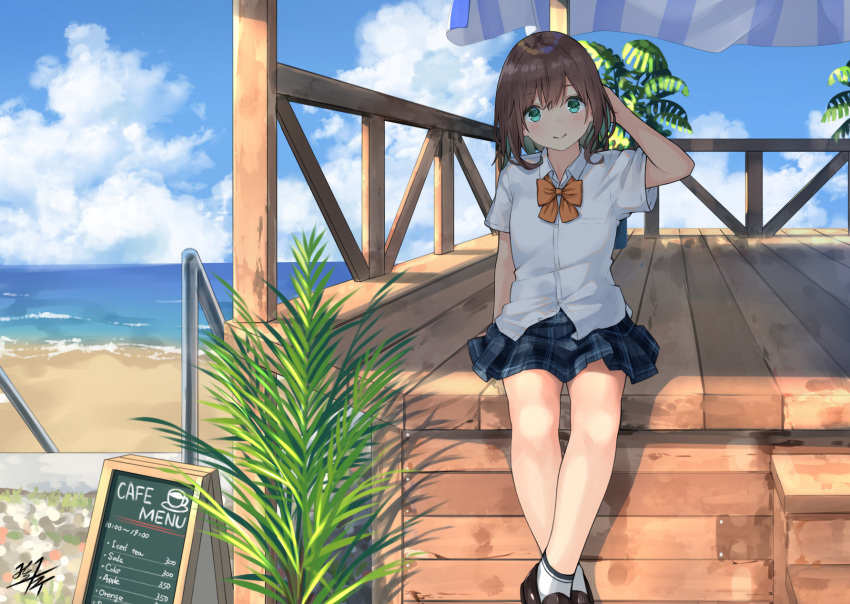 1girl arm_up bangs beach black_footwear blue_skirt blue_sky blush bow brown_bow brown_hair closed_mouth clouds cloudy_sky collared_shirt commentary_request day dress_shirt eyebrows_visible_through_hair feet_out_of_frame green_eyes hair_between_eyes hand_behind_head highres horizon loafers menu_board miko_fly ocean original outdoors plaid plaid_skirt pleated_skirt railing sand shirt shoes short_sleeves signature skirt sky smile socks solo water white_legwear white_shirt