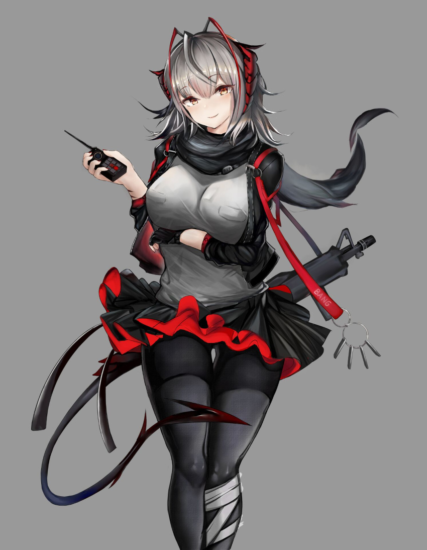 1girl antennae arknights arm_under_breasts assault_rifle bandaged_leg bandages bandaid bangs black_gloves black_jacket black_legwear black_scarf black_skirt breasts commentary_request demon_tail detonator dog_tags explosive eyebrows_visible_through_hair frilled_skirt frills gloves grey_background grey_hair grey_shirt gun highres holding horns jacket large_breasts looking_at_viewer miniskirt open_clothes open_jacket orange_eyes pantyhose pleated_skirt rifle scarf shirt simple_background skirt smile solo standing strap tail true-or-false w_(arknights) weapon weapon_request