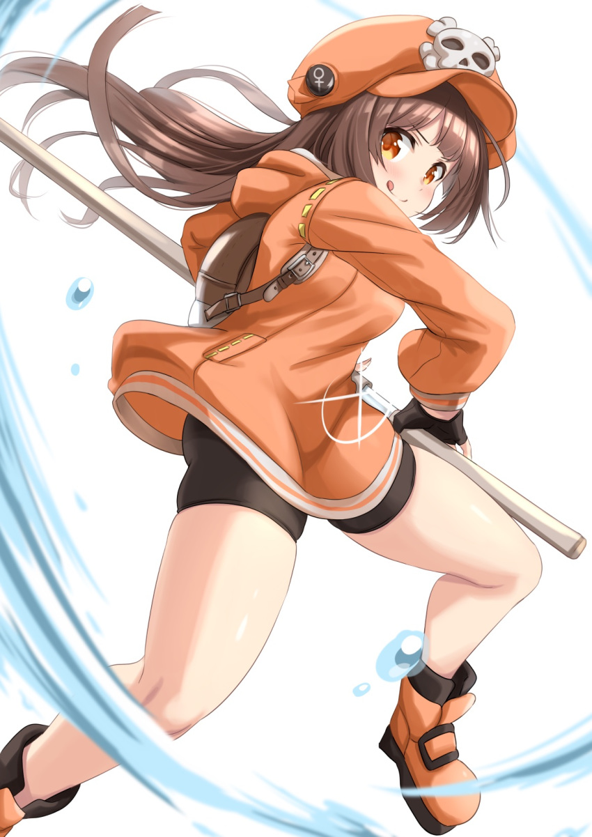 1girl :q backpack bag bike_shorts black_gloves brown_hair commentary_request fingerless_gloves gloves guilty_gear hat highres kibihimi long_hair long_sleeves looking_at_viewer may_(guilty_gear) orange_footwear orange_headwear pirate_hat shoes skull_and_crossbones smile solo thighs tongue tongue_out yellow_eyes