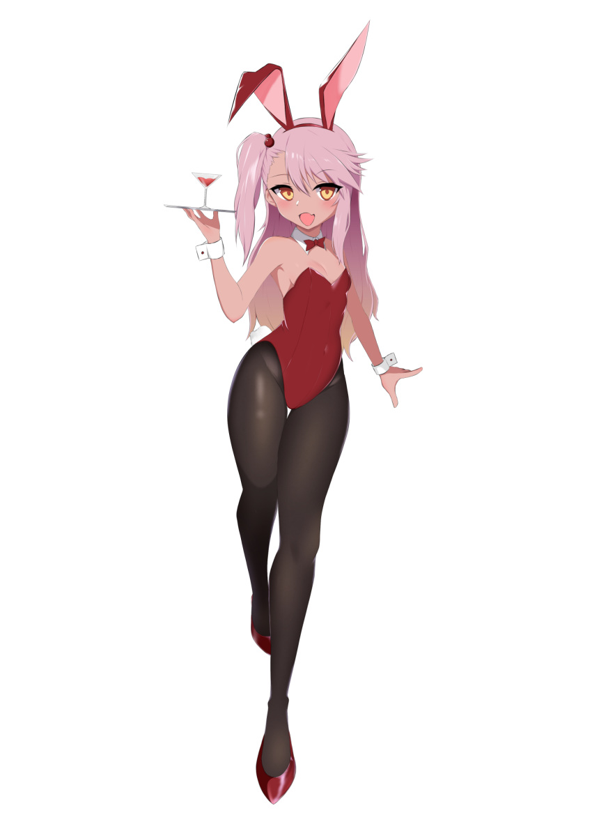 1girl animal_ears black_legwear bow bowtie breasts bunny_girl bunnysuit chloe_von_einzbern commentary_request coyomin dark_skin detached_collar fang fate/kaleid_liner_prisma_illya fate_(series) full_body high_heels highres leotard long_hair looking_at_viewer one_side_up orange_eyes pantyhose pink_hair rabbit_ears red_footwear red_leotard simple_background skin_fang small_breasts solo standing strapless strapless_leotard white_background wrist_cuffs