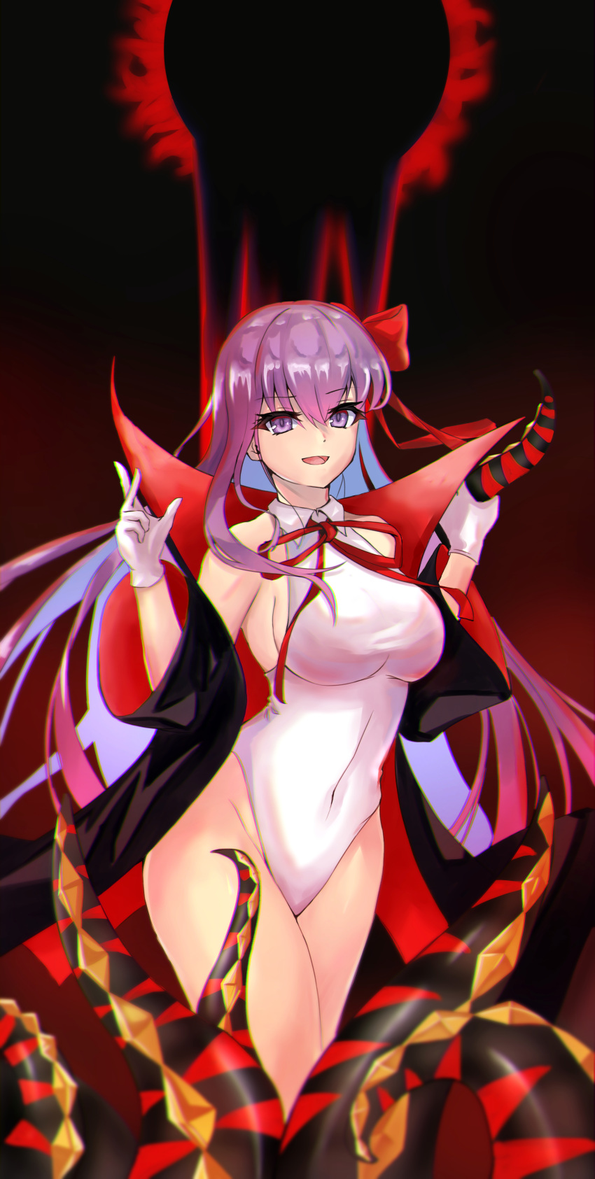 1girl absurdres bangs bare_shoulders bat_wings bb_(fate)_(all) bb_(swimsuit_mooncancer)_(fate) black_coat black_sky breasts coat covered_navel eclipse fate/grand_order fate_(series) gloves hair_ribbon highleg highleg_leotard highres large_breasts leotard long_hair looking_at_viewer neck_ribbon open_clothes open_coat open_mouth popped_collar purple_hair red_ribbon ribbon smile tentacles thighs vampire_costume very_long_hair violet_eyes white_gloves white_leotard wings yahan_(mctr5253)
