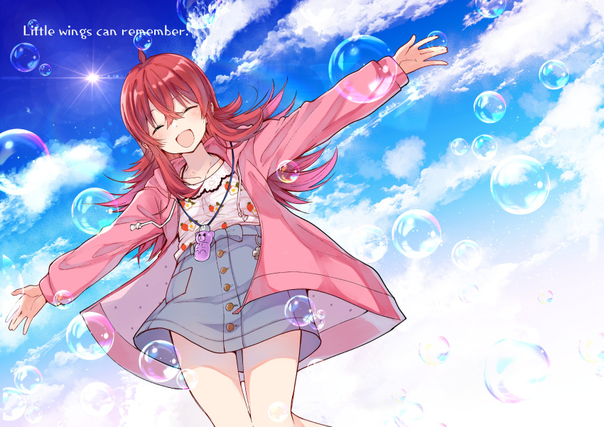 1girl absurdres ahoge blue_sky bubble closed_eyes clouds commentary_request dutch_angle hair_between_eyes highres hood hooded_jacket idolmaster idolmaster_shiny_colors inui/byte jacket jewelry komiya_kaho long_hair long_sleeves looking_at_viewer miniskirt necklace open_mouth pink_jacket redhead skirt sky solo sun