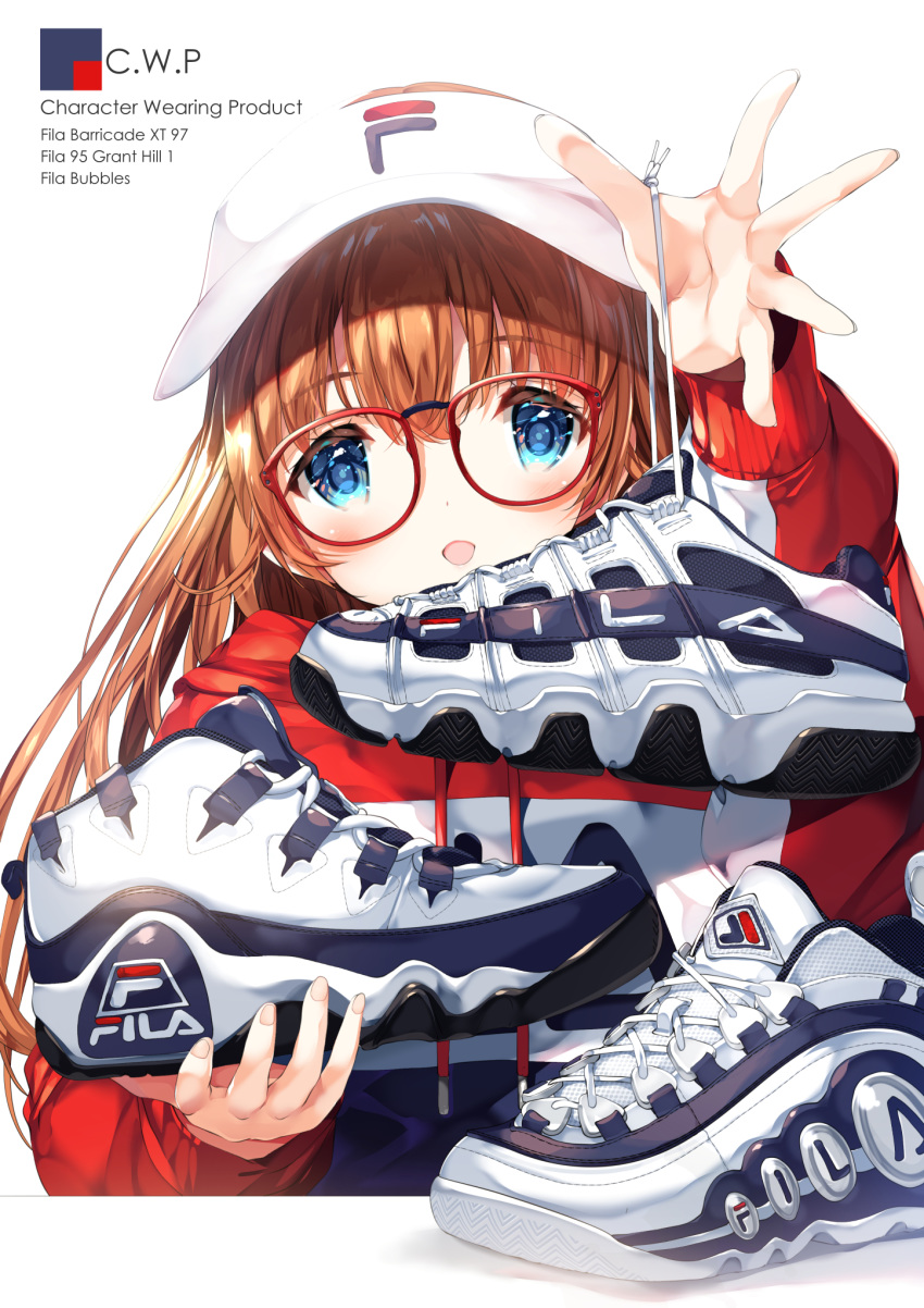 1girl :d bangs blue_eyes brown_hair commentary_request drawstring eyebrows_visible_through_hair fila glasses hair_between_eyes highres holding holding_footwear holding_shoes hood hood_down hoodie long_hair looking_at_viewer open_mouth original red-framed_eyewear red_hoodie shimesaba_kohada shoes simple_background smile sneakers solo upper_body visor_cap white_background white_footwear white_headwear