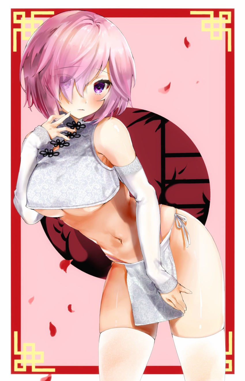 1girl bangs bare_shoulders blush breasts chinese_clothes crop_top detached_sleeves fate/grand_order fate_(series) hair_over_one_eye hi_ros3 highres lavender_hair looking_at_viewer mash_kyrielight navel pelvic_curtain short_hair thigh-highs thighs under_boob violet_eyes white_legwear