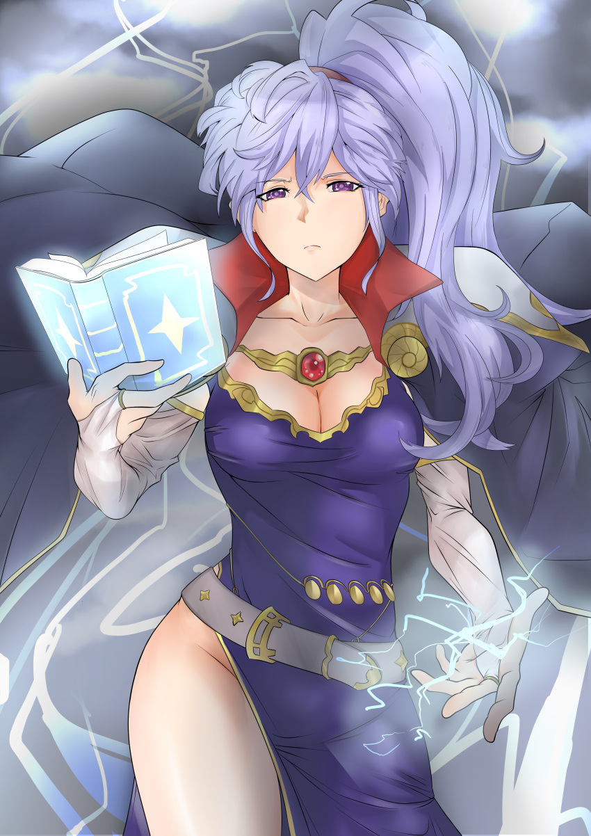 1girl absurdres book bridal_gauntlets electricity fire_emblem fire_emblem:_genealogy_of_the_holy_war fire_emblem_heroes gloves highres ishtar_(fire_emblem) jewelry looking_at_viewer ponytail purple_hair violet_eyes yu-to-hp0_9893