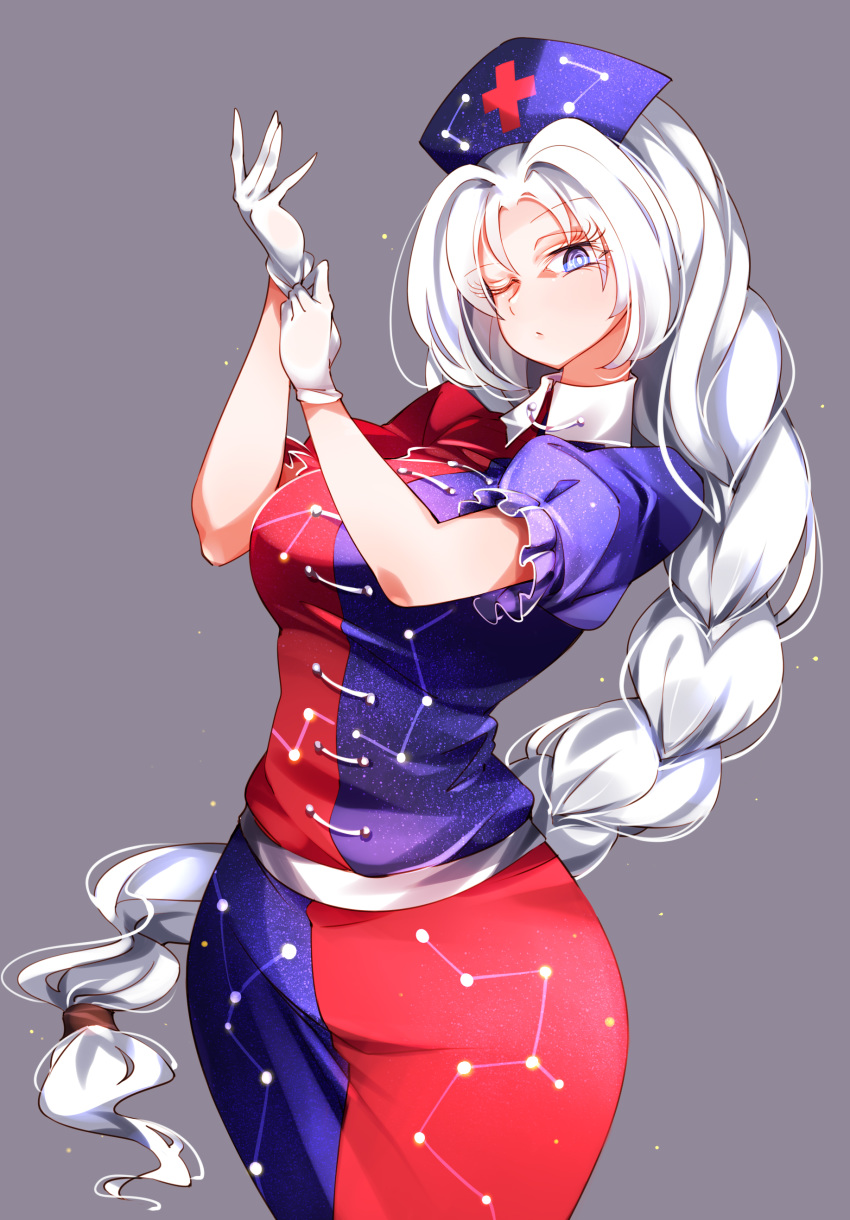 1girl :o absurdres adjusting_clothes adjusting_gloves bangs blue_dress blue_eyes blue_headwear braid collared_dress constellation constellation_print cowboy_shot curvy dress eyebrows_visible_through_hair eyelashes frilled_sleeves frills gloves grey_background grey_eyes hat highres long_hair looking_at_viewer multicolored multicolored_clothes multicolored_dress narrow_waist nurse_cap one_eye_closed parted_bangs puffy_short_sleeves puffy_sleeves raptor7 red_cross red_dress sash short_sleeves silver_hair simple_background single_braid solo touhou trigram very_long_hair white_gloves white_sash wide_hips yagokoro_eirin