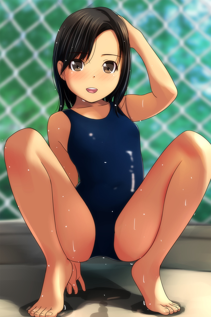 1girl :d absurdres arm_up bangs bare_arms bare_legs bare_shoulders barefoot black_hair blue_swimsuit blurry blurry_background blush breasts brown_eyes chain-link_fence collarbone depth_of_field dripping fence hand_on_own_head highres knees_up looking_at_viewer matsunaga_kouyou nose_blush one-piece_swimsuit open_mouth original parted_bangs puddle school_swimsuit small_breasts smile solo spread_legs swimsuit tiptoes upper_teeth wet