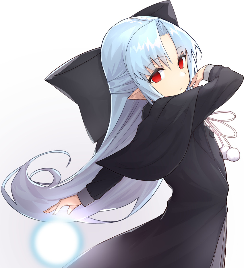 1girl absurdres apo_(apos2721) black_bow black_capelet black_dress blue_hair bow capelet dress floating_hair from_side hair_bow hair_tubes highres len long_hair long_sleeves melty_blood neck_ribbon no_pupils pointy_ears red_eyes ribbon shiny shiny_hair simple_background solo standing tsukihime very_long_hair white_background white_ribbon