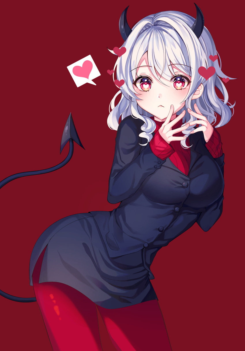 1girl absurdres bangs black_horns black_suit blush breasts commentary demon_girl demon_horns demon_tail eyebrows_visible_through_hair frown heart heart-shaped_pupils helltaker highres horns large_breasts long_sleeves looking_at_viewer modeus_(helltaker) pantyhose red_background red_eyes red_legwear red_sweater ribbed_sweater simple_background sleeves_past_wrists solo sweater symbol-shaped_pupils tail tess_(88884) turtleneck white_hair