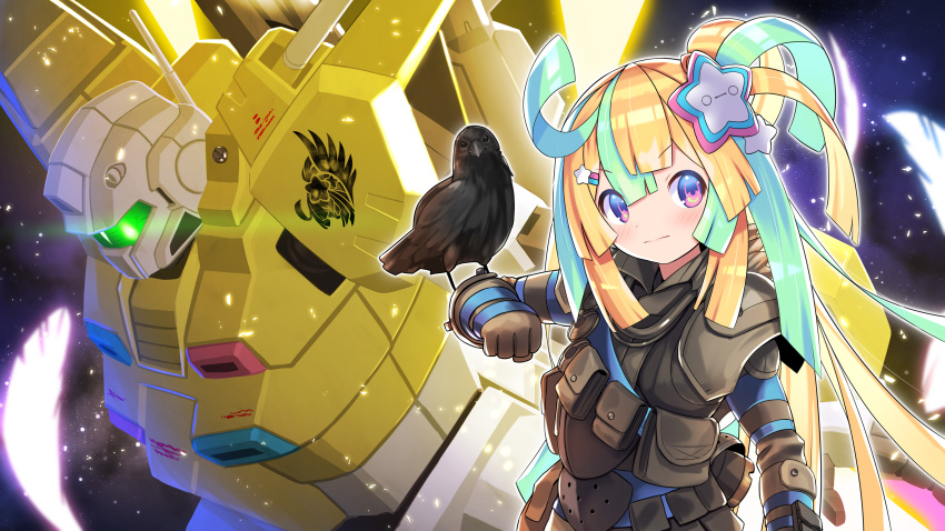 1girl absurdres amakawa_hano animal_on_arm aqua_hair bettle_(b_s_a_n) bird bird_on_arm blonde_hair blue_eyes clenched_hand crow gloves gm_(mobile_suit) gundam hair_ornament hairclip highres long_hair long_sleeves looking_at_viewer mecha mecha_request mobile_suit_gundam multicolored_hair pouch rainbow_hair_ornament re:act solo standing star_(symbol) star_hair_ornament two-tone_hair virtual_youtuber