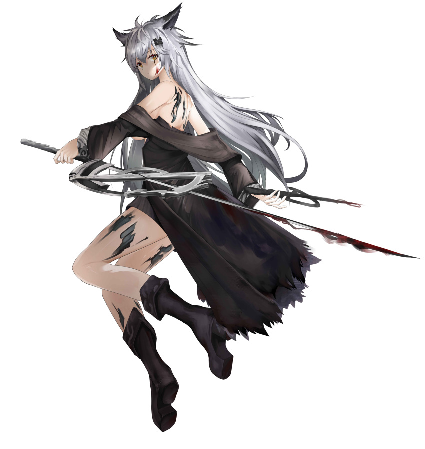 1girl absurdres animal_ear_fluff animal_ears arknights bandeau black_capelet black_coat black_jacket black_nails black_shorts boots capelet coat grey_eyes hair_ornament hairclip highres holding holding_sword holding_weapon jacket lappland_(arknights) long_hair looking_back nevin_(flyskying) scar scar_across_eye shorts strapless sword tail tubetop weapon wolf_ears wolf_tail