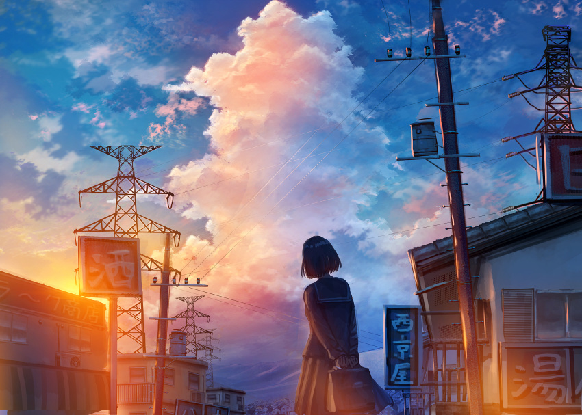 1girl air_conditioner balcony black_hair building city clouds cumulonimbus_cloud door evening from_behind highres kenzo_093 long_sleeves original outdoors power_lines power_pole railing sailor_collar scenery school_briefcase school_uniform sign sky solo sun sunset window