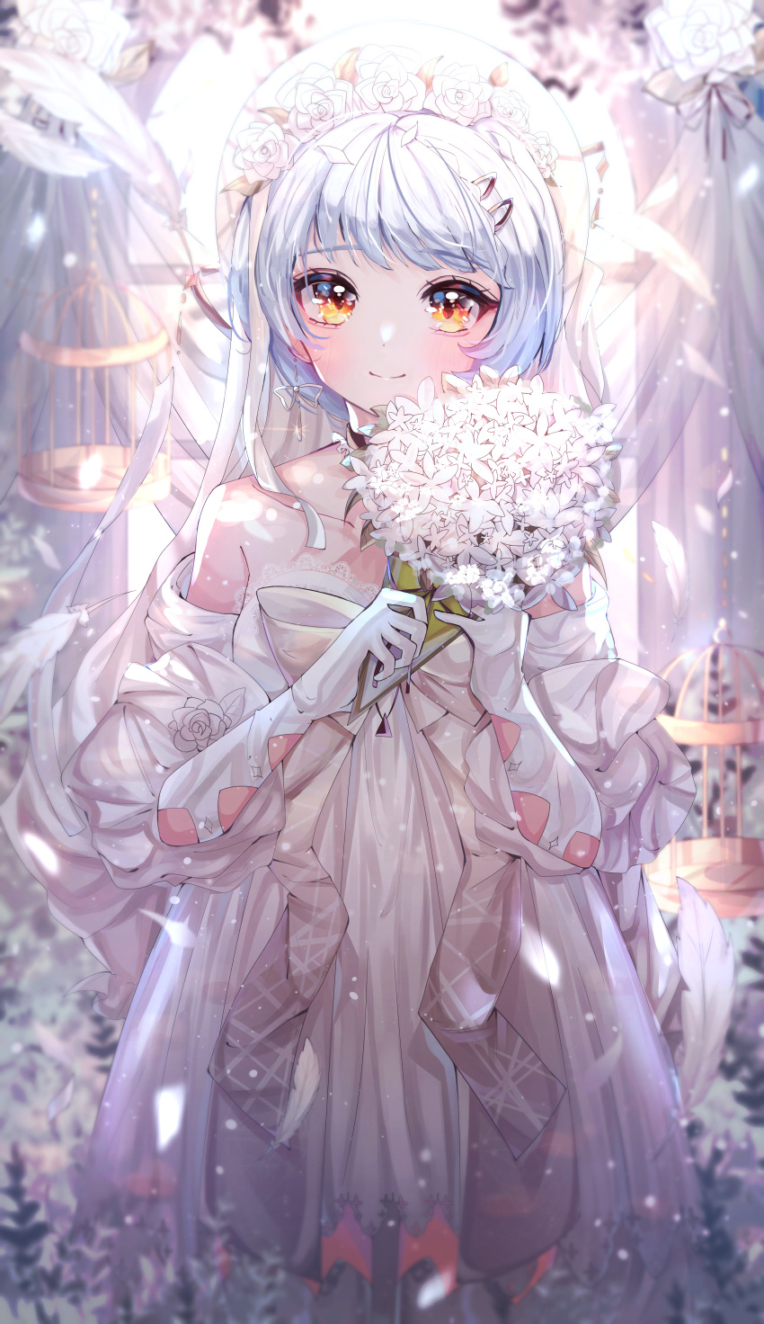 1girl :d absurdres bangs bouquet choker closed_mouth collarbone commentary cowboy_shot dress elbow_gloves english_commentary flower girls_frontline gloves hair_flower hair_ornament head_wreath highres holding holding_bouquet huge_filesize indoors looking_at_viewer open_mouth petals short_dress short_hair silver_hair smile solo standing strapless strapless_dress wedding_dress white_dress white_feathers white_flower white_gloves wine_(2148_wine) yellow_eyes zas_m21_(girls_frontline)