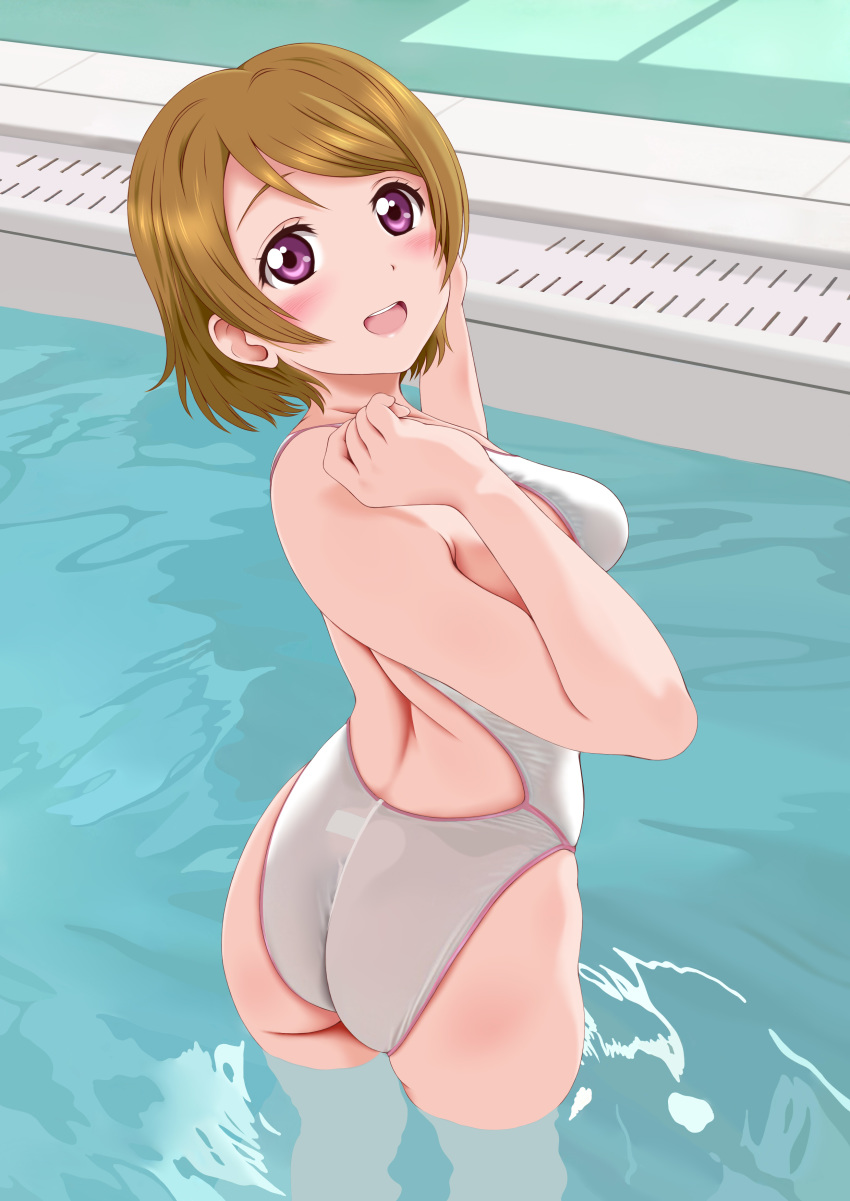1girl absurdres ass blush breasts competition_swimsuit from_behind highres keisuke_(0320030103200301) koizumi_hanayo looking_at_viewer looking_back love_live! love_live!_school_idol_project medium_breasts one-piece_swimsuit open_mouth orange_hair pool short_hair solo swimsuit upper_teeth violet_eyes wading water white_swimsuit