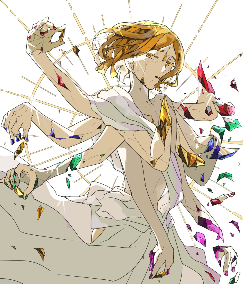 androgynous artist_request bangs breaking broken colored_eyelashes cracked crystal_hair dress extra_arms hair_between_eyes highres houseki_no_kuni open_mouth simple_background standing white_background white_dress yellow_diamond_(houseki_no_kuni) yellow_eyes