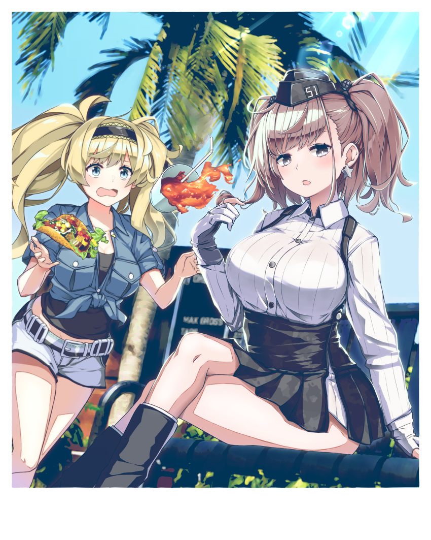 2girls atlanta_(kantai_collection) black_headwear black_skirt blonde_hair blue_eyes blue_shirt blush breast_pocket breasts brown_hair buttons commentary_request day drink drinking_straw earrings food gambier_bay_(kantai_collection) garrison_cap gloves grey_eyes hat high-waist_skirt highres jewelry kantai_collection large_breasts long_hair long_sleeves multicolored multicolored_clothes multicolored_gloves multiple_girls open_mouth palm_tree partly_fingerless_gloves pleated_skirt pocket polaroid shirt short_sleeves shorts skirt star_(symbol) star_earrings suspender_skirt suspenders taco tree tsurukawasha twintails two_side_up white_shirt white_shorts