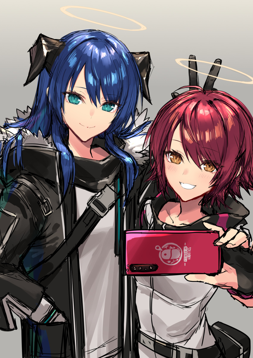 2girls arknights asymmetrical_bangs bangs belt belt_pouch black_gloves black_jacket blue_eyes blue_hair blush breasts bunny_ears_prank cellphone closed_mouth commentary cowboy_shot demon_horns exusiai_(arknights) eyebrows_visible_through_hair eyelashes fingerless_gloves fur-trimmed_jacket fur_trim gloves grey_background grin hair_between_eyes halo hand_in_pocket highres holding holding_phone horns jacket long_hair looking_at_viewer medium_breasts mostima_(arknights) multiple_girls open_clothes open_jacket orange_eyes parted_bangs penguin_logistics_logo phone pouch redhead self_shot shirt short_hair side-by-side sigm@ simple_background small_breasts smartphone smile strap taking_picture v white_gloves white_jacket white_shirt