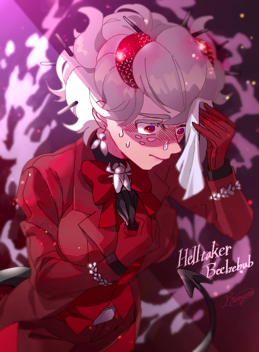 1girl absurdres beelzebub_(helltaker) blush bug demon_girl demon_horns embarrassed flustered fly formal gloves hand_on_own_chest helltaker highres horns insect kakitsubata_zero medium_hair red_eyes red_gloves red_suit solo spikes suit sweat white_hair