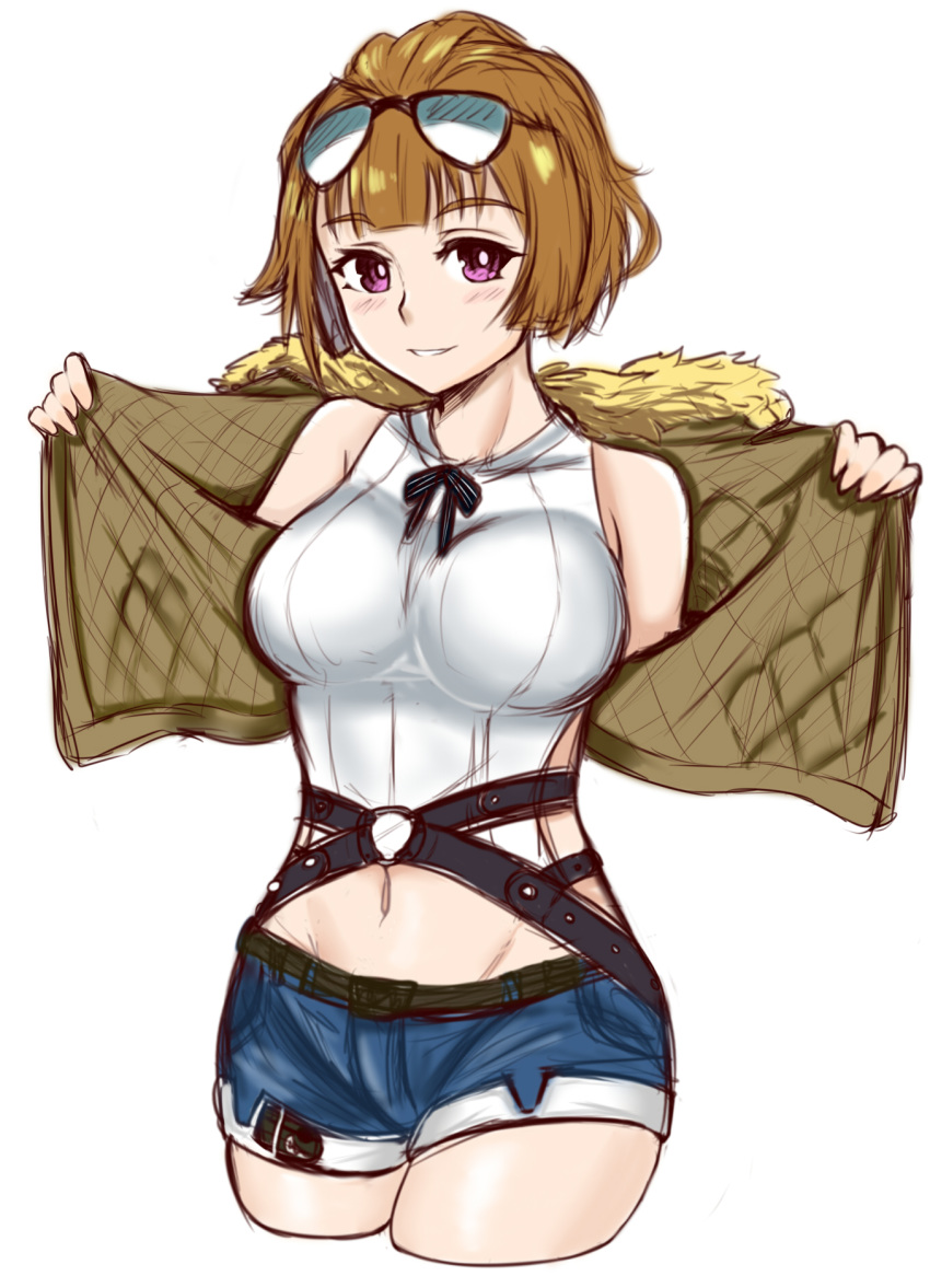 1girl bare_shoulders blush boxreeema breasts brown_hair cropped_legs denim denim_shorts eyewear_on_head fur-trimmed_jacket fur_trim girls_frontline grizzly_mkv_(girls_frontline) groin highres jacket large_breasts looking_at_viewer medium_breasts navel open_clothes open_jacket short_hair shorts smile solo violet_eyes white_background