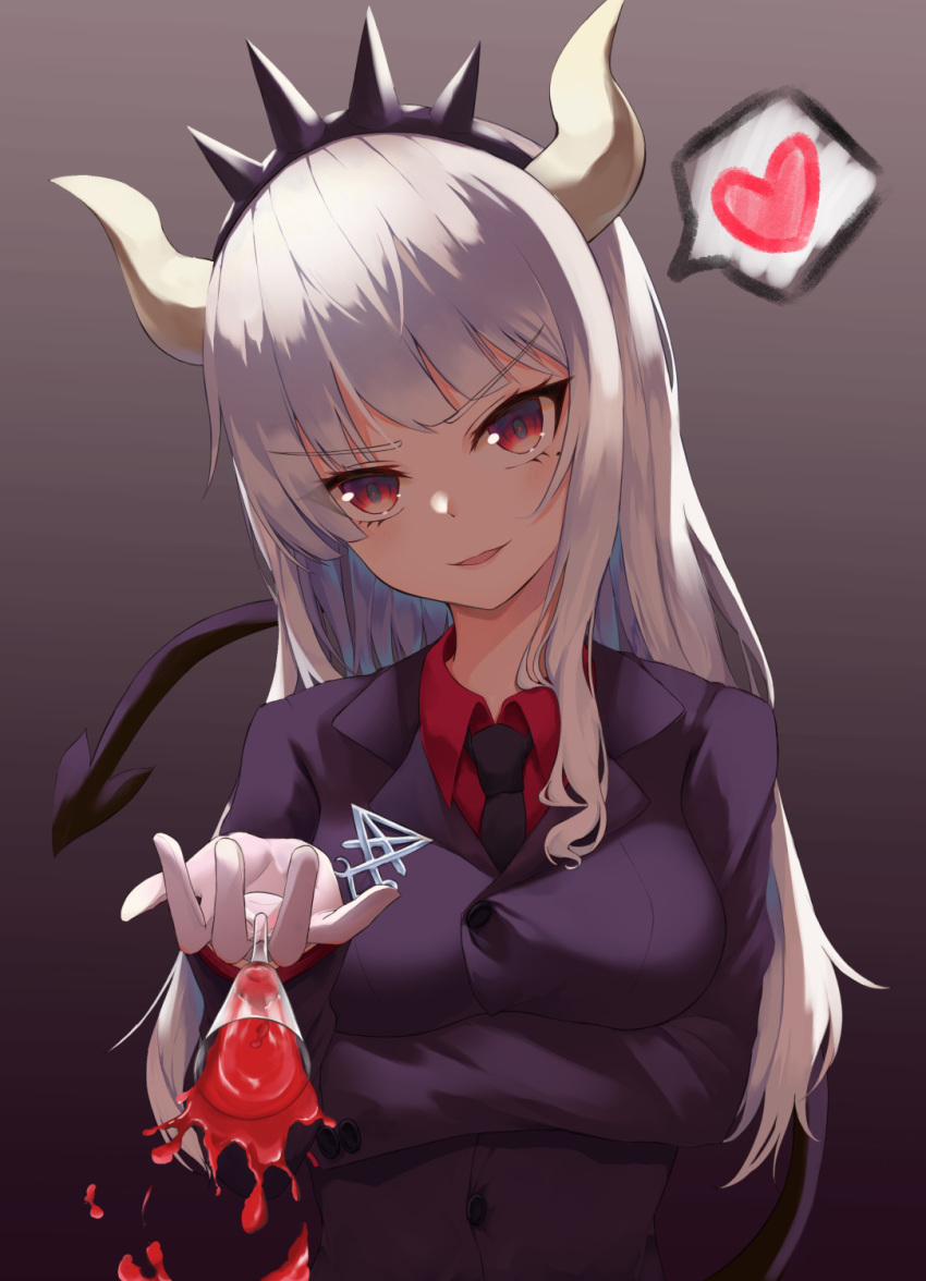 1girl alcohol bangs black_neckwear breasts cup demon_girl demon_horns demon_tail drinking_glass eyebrows_visible_through_hair glass gloves gom_bear heart helltaker highres horns long_hair long_sleeves looking_at_viewer lucifer_(helltaker) medium_breasts mole mole_under_eye necktie red_eyes red_shirt shirt smile solo tail white_gloves white_hair white_horns wine wine_glass