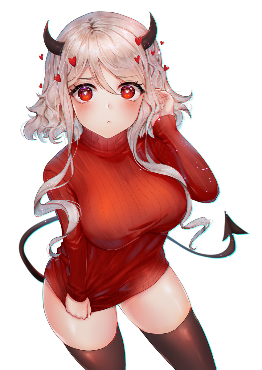 1girl black_horns blush breasts clothes_pull commentary demon_girl demon_horns demon_tail eyebrows_visible_through_hair frown hair_between_eyes heart heart-shaped_pupils helltaker highres horns large_breasts long_hair long_sleeves looking_at_viewer modeus_(helltaker) nicccolee red_eyes red_sweater ribbed_sweater sidelocks simple_background solo sweater sweater_pull symbol-shaped_pupils tail thigh-highs turtleneck white_background white_hair