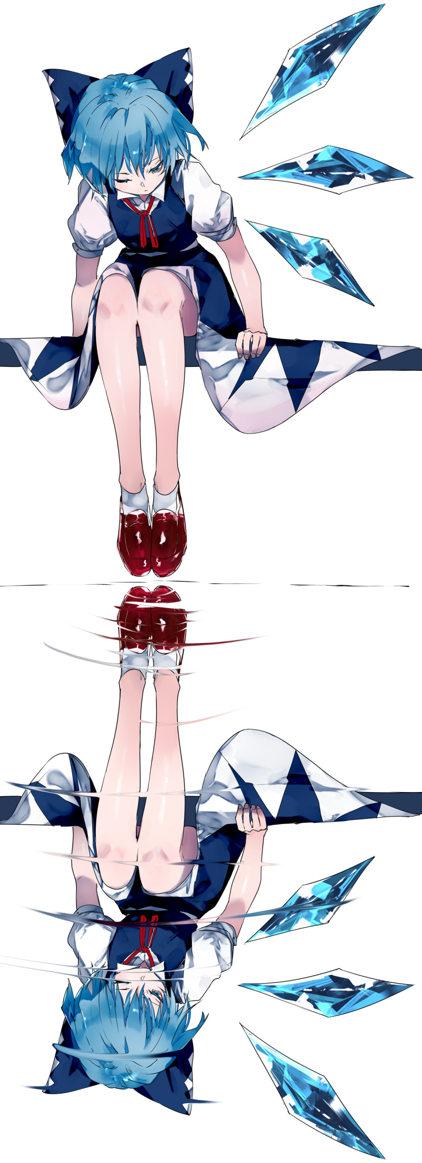 1girl absurdres ankle_socks blue_eyes blue_hair cirno dress highres ice ice_wings ikurauni one_eye_closed reflection ripples shoes short_hair sitting skirt solo touhou wings