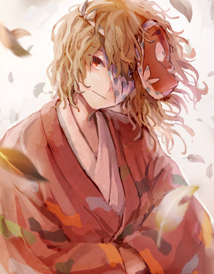 1other :| ametsukana_yago androgynous bandage_over_one_eye closed_mouth commentary_request hemo_(hemoroda) highres hyottoko_mask japanese_clothes kimono leaf len'en light_brown_hair mask mask_on_head medium_hair other_focus red_eyes red_kimono white_background