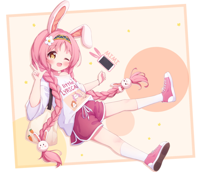 1girl ;d animal_ears bag bangs bare_shoulders black_hairband blush braid brown_background brown_eyes bunny_hair_ornament cellphone character_name eyebrows_visible_through_hair flower full_body hair_flower hair_ornament hairband hand_up highres kneehighs kyouka_(princess_connect!) long_hair low_twintails mimi_(princess_connect!) misogi_(princess_connect!) off-shoulder_shirt off_shoulder one_eye_closed open_mouth phone phone_with_ears pink_hair princess_connect! princess_connect!_re:dive rabbit_ears red_footwear red_shorts setmen shirt shoe_soles shoes short_shorts short_sleeves shorts smile solo starry_background twin_braids twintails v very_long_hair white_flower white_legwear white_shirt wide_sleeves
