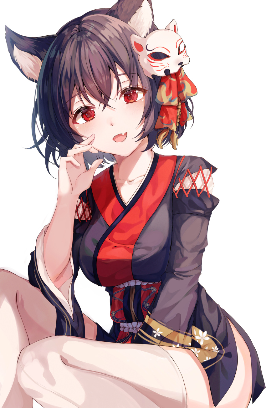 1girl absurdres animal_ear_fluff animal_ears azur_lane bangs black_hair black_kimono blush breasts cat_ears collarbone commentary_request eyebrows_visible_through_hair fang highres huge_filesize japanese_clothes kimono large_breasts looking_at_viewer mask mask_on_head open_mouth red_eyes short_hair simple_background smile solo tess_(88884) thigh-highs white_background white_legwear yamashiro_(azur_lane)