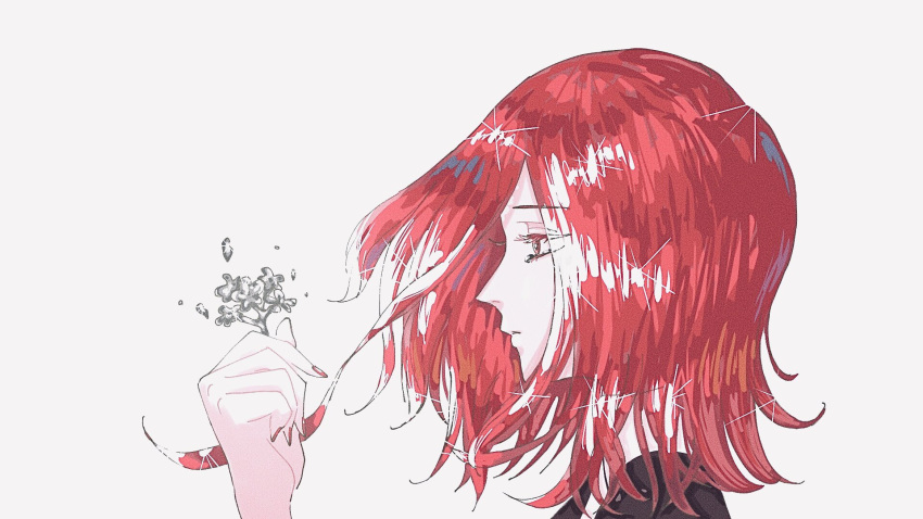 1other androgynous artist_request bangs closed_mouth collared_shirt crystal_hair fingernails from_side gem_uniform_(houseki_no_kuni) hair_between_eyes highres holding houseki_no_kuni long_bangs mercury_(element) nail_polish profile red_eyes red_nails shinsha_(houseki_no_kuni) shirt simple_background solo white_background