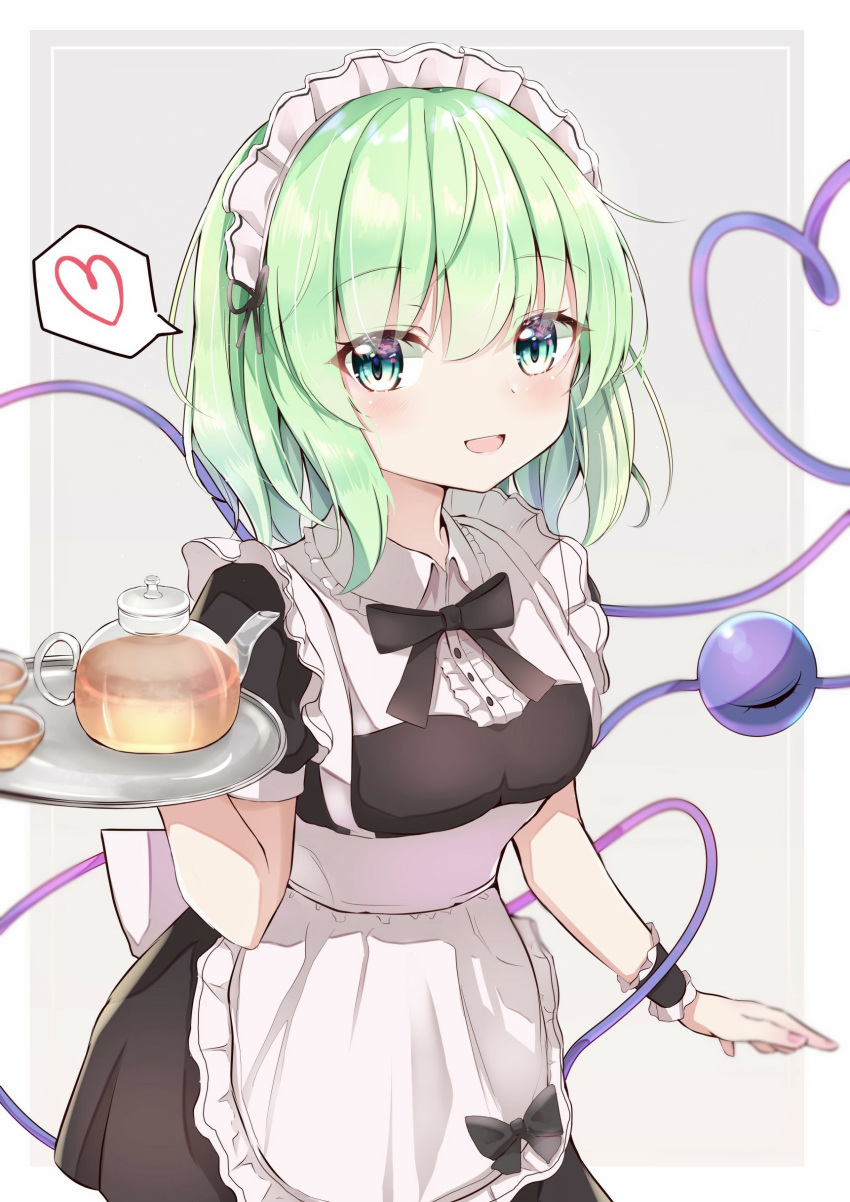 1girl absurdres alternate_costume apron aqua_eyes arm_up black_neckwear black_ribbon breasts commentary_request cowboy_shot cup enmaided eyebrows_visible_through_hair glass_teapot green_hair grey_background hair_between_eyes heart heart_of_string highres holding holding_tray iyo_(ya_na_kanji) komeiji_koishi light_blush looking_at_viewer maid maid_apron maid_headdress medium_breasts open_mouth ribbon short_hair simple_background solo spoken_heart standing teacup teapot third_eye touhou tray wrist_cuffs